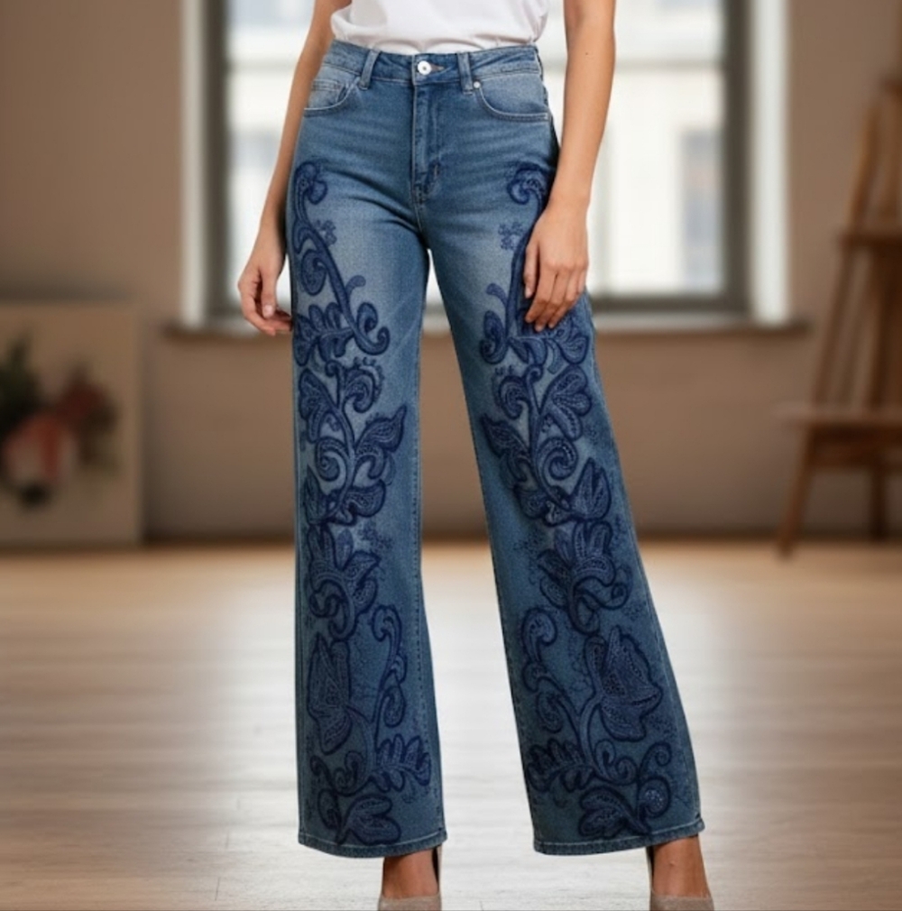 Embroidered Wide-Leg Blue Jeans
